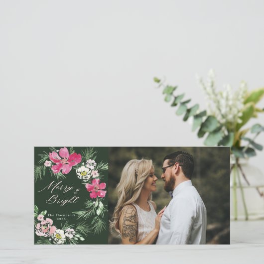 Merry and Bright Green Roze Waterverf Flowers Feestdagenkaart (Staand voorkant)