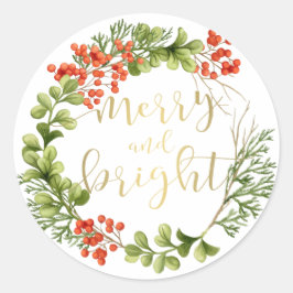 Merry and Bright Greenery Wreath Holiday Ronde Sticker