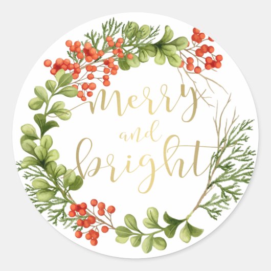 Merry and Bright Greenery Wreath Holiday Ronde Sticker (Voorkant)