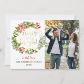 Merry and Bright Groene Hulst Krans 2 Foto Feestdagenkaart (Voorkant)