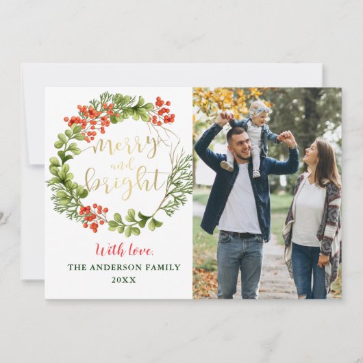 Merry and Bright Groene Hulst Krans 2 Foto Feestdagenkaart (Voorkant)