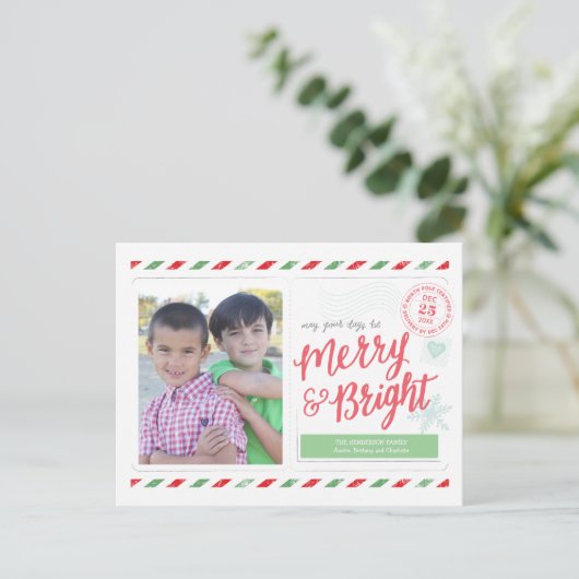 Merry and Bright Hand Geletterd Stamp Briefkaart (Staand voorkant)
