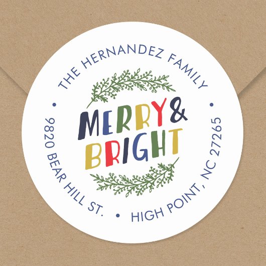 Merry and Bright Holiday Return Address Ronde Sticker