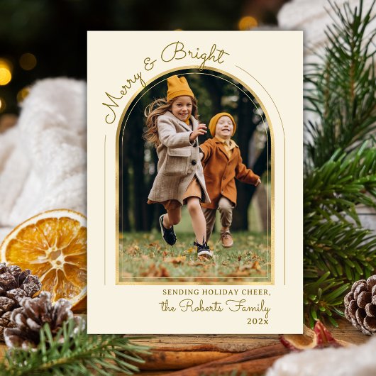 Merry and Bright Jaaroverzicht Gouden Boog Foto Feestdagenkaart
