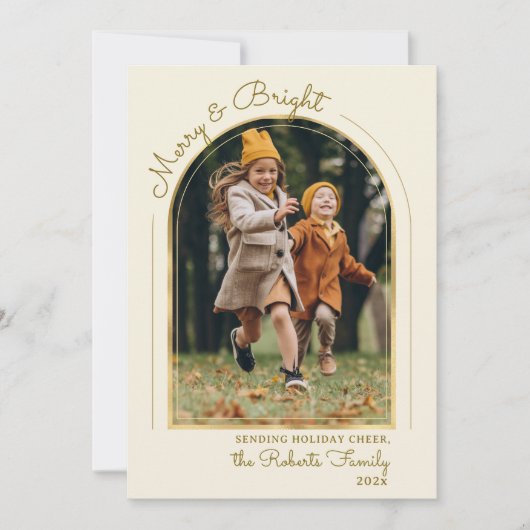 Merry and Bright Jaaroverzicht Gouden Boog Foto Feestdagenkaart (Voorkant)