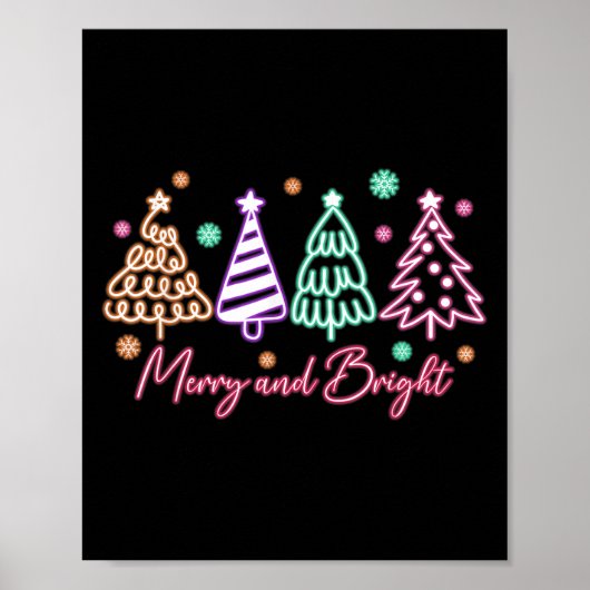 Merry And Bright Kerstboom Neon Kerstmis Poster (Voorkant)