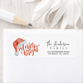 Merry and Bright modern red Santa hat Etiket