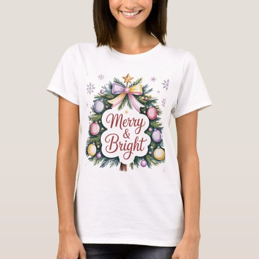 Merry and Bright Modern Women's Christmas T-shirt (Voorkant)