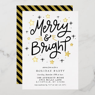 Merry And Bright Modern Zwart Goud Vakantie Feest Folie Uitnodiging