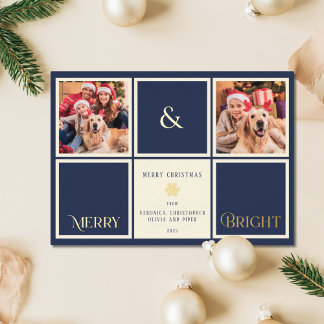 Merry and Bright Navy Blauw Goud Folie 2 Foto Folie Feestdagenkaart