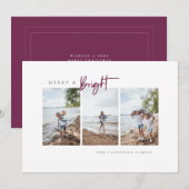 Merry and Bright Paarse Moderne Minimalistische Fo Feestdagenkaart (Voorkant / Achterkant)