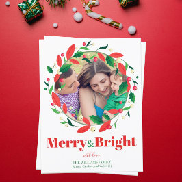 Merry and Bright Photo Holly Wreath Cute Kerstmis Briefkaart