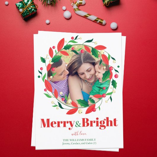 Merry and Bright Photo Holly Wreath Cute Kerstmis Briefkaart