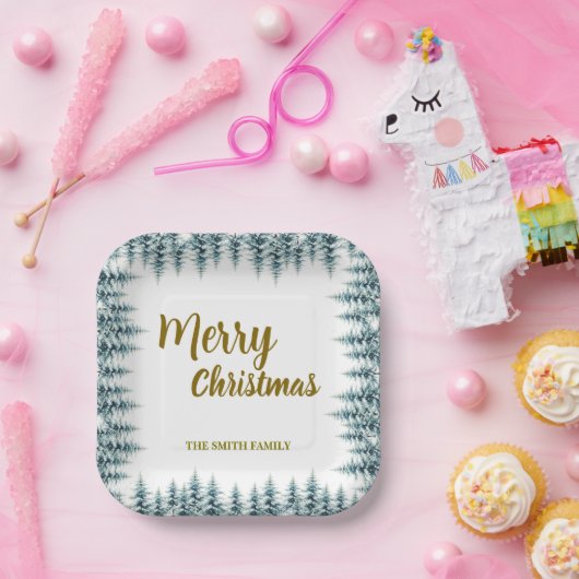 Merry and Bright pine tree forest Christmas Papieren Bordje (Feest)