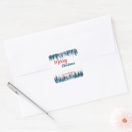 Merry and Bright pine tree forest Christmas Vierkante Sticker (Envelop)