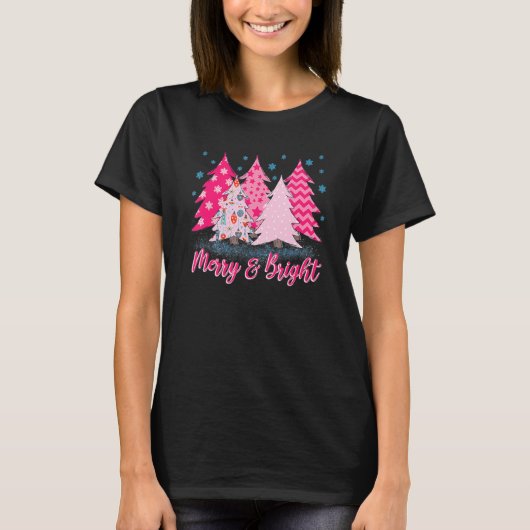 Merry And Bright Pink Christmas Tree T-shirt (Voorkant)