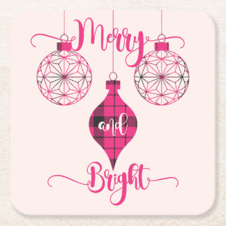 Merry and Bright Pink Plaid Ornament Kartonnen Onderzetters