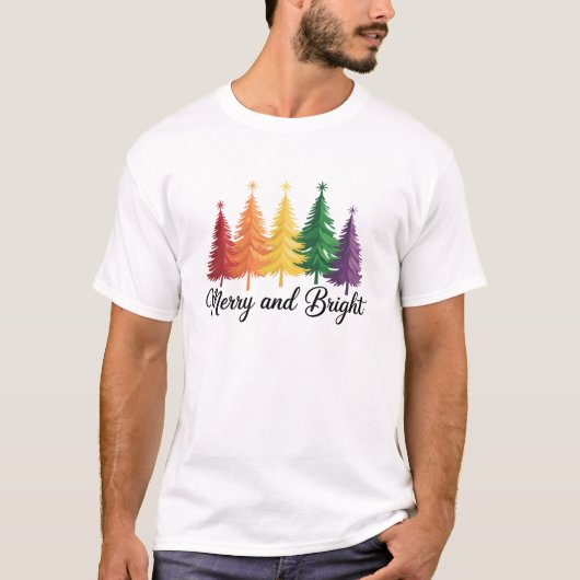 Merry And Bright Rainbow Christmas Tree Gay LGBTQ  T-shirt (Voorkant)