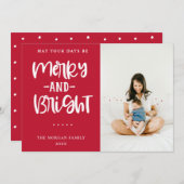 Merry and Bright Red Holiday Greeting Photo Card Feestdagenkaart (Voorkant / Achterkant)