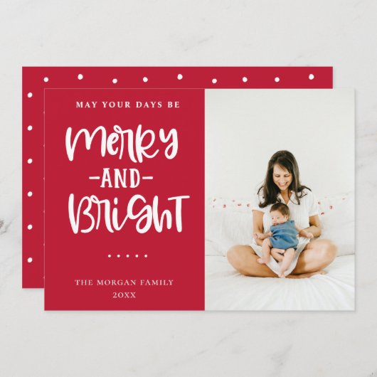 Merry and Bright Red Holiday Greeting Photo Card Feestdagenkaart (Voorkant / Achterkant)