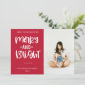 Merry and Bright Red Holiday Greeting Photo Card Feestdagenkaart (Staand voorkant)