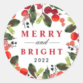 Merry and Bright Red KerstGreenery Wreath Ronde Sticker (Voorkant)