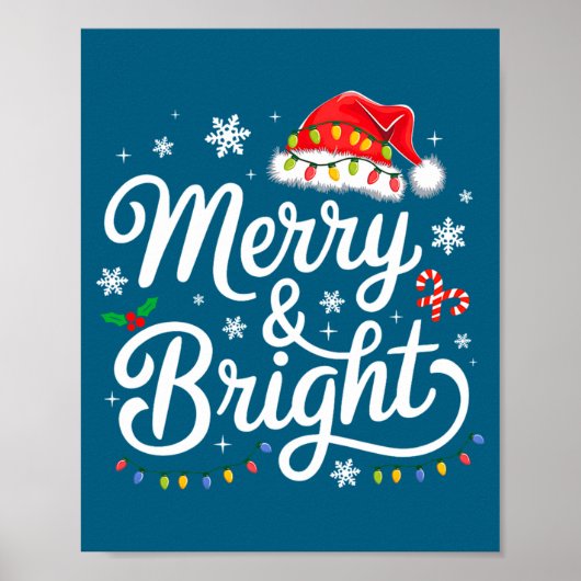 Merry And Bright Red Santa Hat Xmas Lights Holiday Poster (Voorkant)