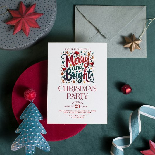 Merry and Bright Retro Typografie Feest Uitnodigin Kaart