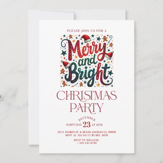 Merry and Bright Retro Typography Party Invite Kaart (Voorkant)