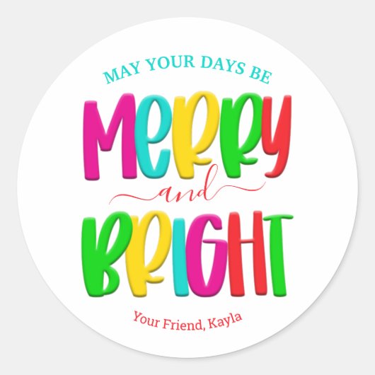 Merry and Bright Round Kerst sticker (Voorkant)
