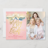 Merry and Bright Roze Gouden Lint Wenskaart Foto Feestdagenkaart (Voorkant)