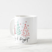 "Merry and Bright" Roze Mint en kerstbomen Koffiemok (Voorkant links)