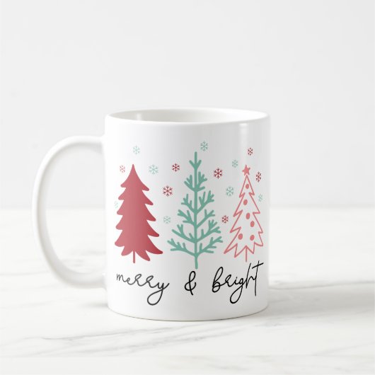 "Merry and Bright" Roze Mint en kerstbomen Koffiemok (Links)