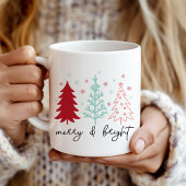 "Merry and Bright" Roze Mint en kerstbomen Koffiemok