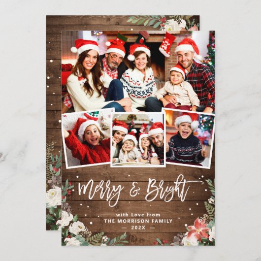 Merry and Bright Rustic Floral 4 Foto Kerstmis Feestdagenkaart (Voorkant / Achterkant)