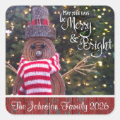Merry and Bright Rustic Snowman Schattigee aangepa Vierkante Sticker (Voorkant)
