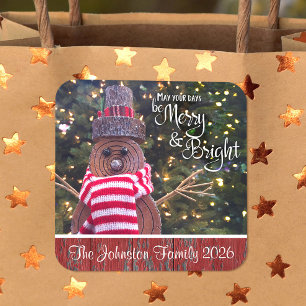 Merry and Bright Rustic Snowman Schattigee aangepa Vierkante Sticker