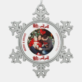 Merry and Bright Santa Sleigh Christmas Photo  Tin Sneeuwvlok Ornament