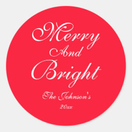 Merry And Bright Script Naam Chic Rode Kerstmis Ronde Sticker