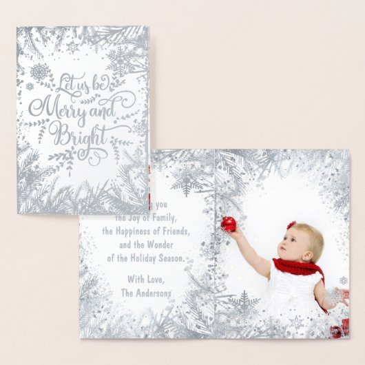 Merry and Bright Silver Real Folie Typografie Foto Folie Kaarten (Display)