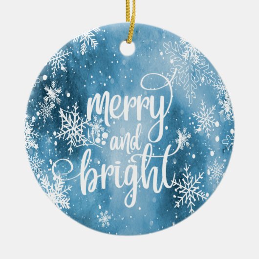 Merry and Bright, Snowflakes, blauw Keramisch Ornament (Voorkant)