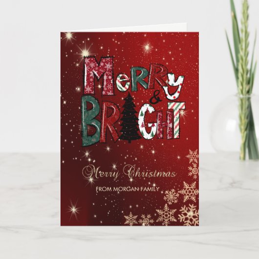 Merry and Bright, Snowflakes Red Holiday Card Feestdagen Kaart (Voorkant)
