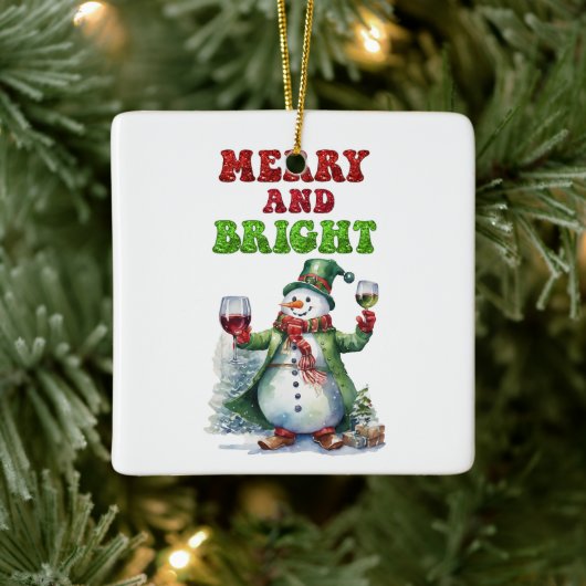 Merry and Bright Snowman  Keramisch Ornament (Boom)