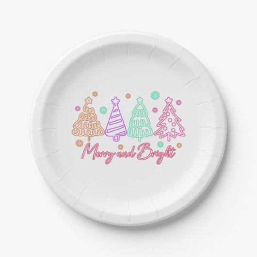 Merry and Bright Tree Neon Christmas Papieren Bordje (Voorkant)