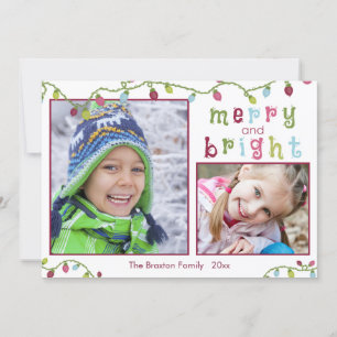 Merry and Bright, Two Photos, Roze Acent Feestdagenkaart