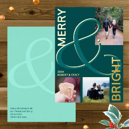 Merry and Bright Typography 3 Foto Blauwgroen Gold Folie Feestdagenkaart
