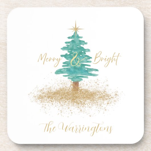 "Merry and Bright" Watercolor Tree Bier Onderzetter (Voorkant)