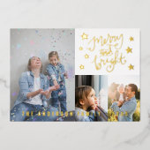 Merry and Bright Wit Goud 4 Persoonlijke Foto's Folie Feestdagenkaart (Voorkant)