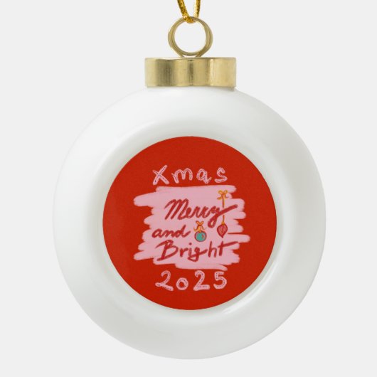 Merry and Bright Xmas 2025 red pink ornament (Voorkant)