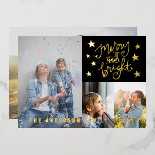 Merry and Bright Zwart Gepersonaliseerde Foto Goud Folie Feestdagenkaart